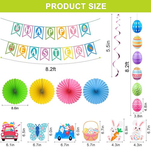32Pcs Easter Decorations Easter Decor Happy Easter Banner Egg Bunny Garland Hanging Swirl for Home Office School Classroom Themed Party Decorations
