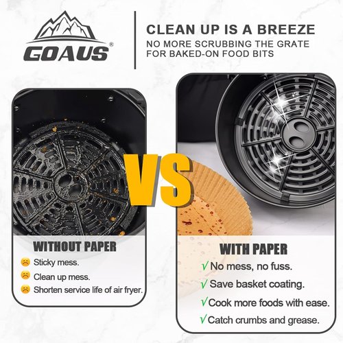 GOAUS Air Fryer Disposable Round Paper Liners - 125 Pcs Extra Large, 9 Inch Unbleached Non-Stick Parchment