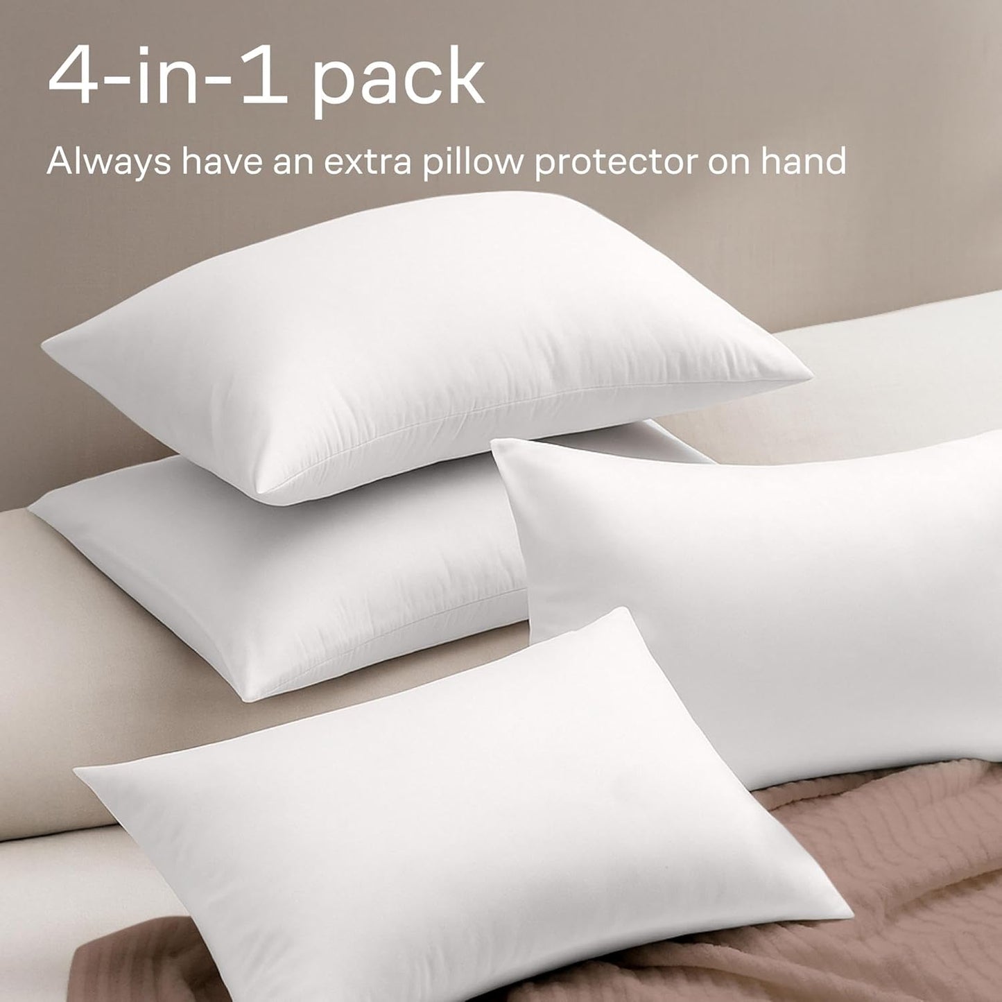 Ultra Soft Pillow Protectors by [Brand Name] - Zippered Queen Size Set of 4 - Breathable & 100% Stain Protection (White)
