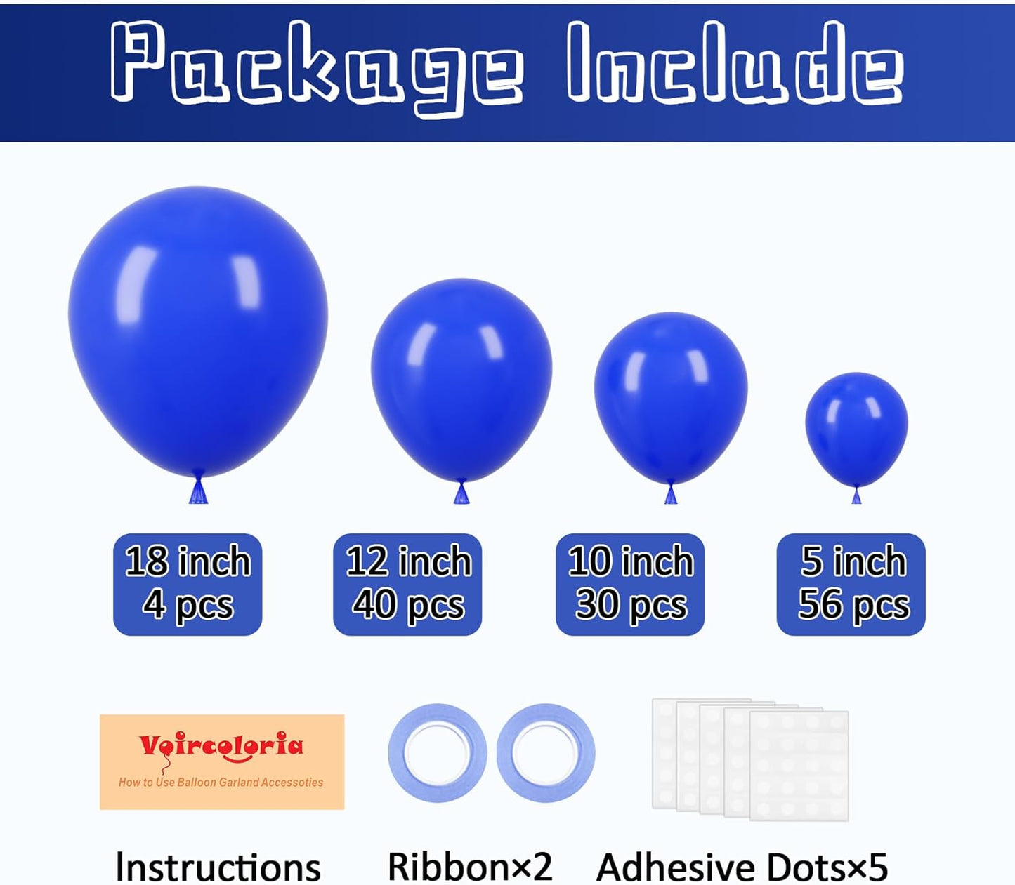 Voircoloria Royal Blue Balloons - 130pcs in Various Sizes for Birthday, Graduation & Baby Showers