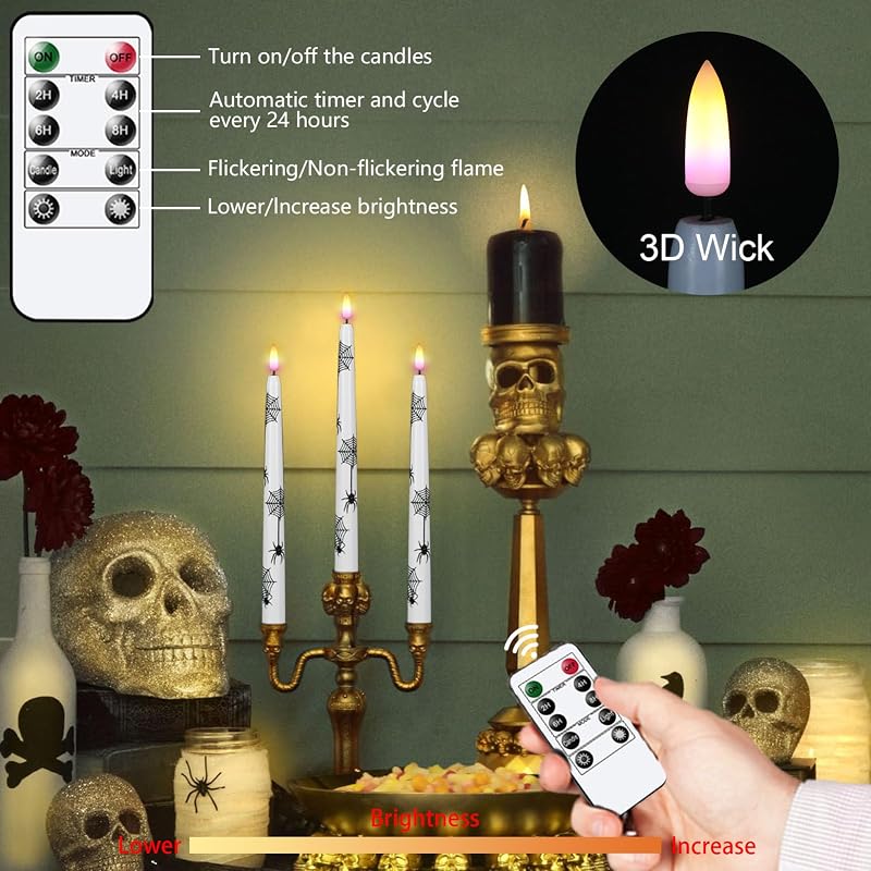Wondise Halloween Flameless Taper Candles with Remote & Timer - 3-Spider Variation