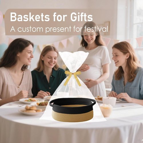 JMvicyroam Woven Basket - Small Rope Storage Bin with Handles for Organizing Shelves | Black & Jute, 2 Pack