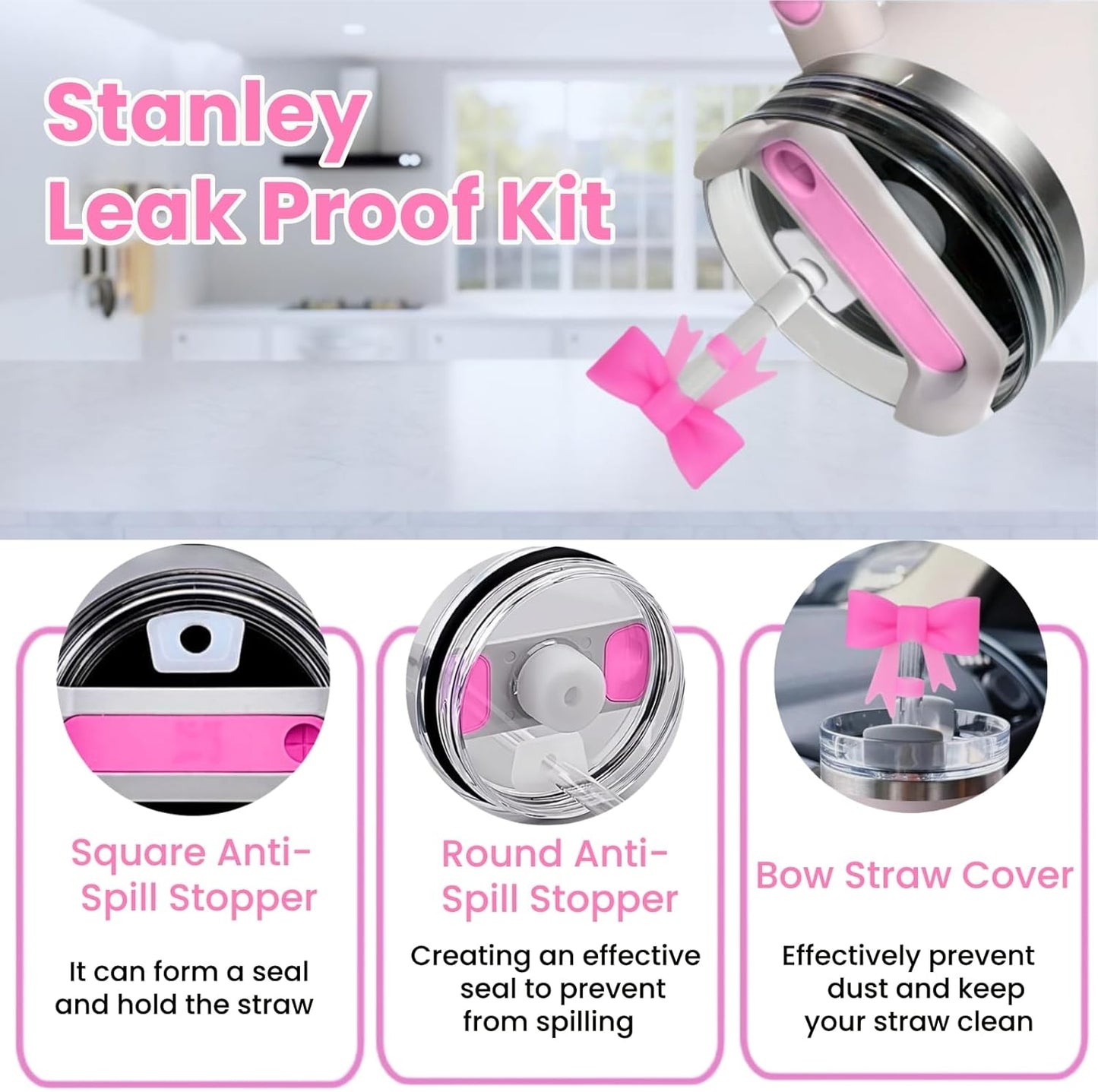 Stanley Cup Accessories Set - 6PCS Pink Initials Decorations for 30oz & 40oz Cups | Includes Bow Straw Topper, Handle Charm, Letter Sticker, Silicone Boot, Spill Proof Stopper (Letter A)