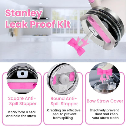 Stanley Cup Accessories Set - 6PCS Pink Initials Decorations for 30oz & 40oz Cups | Includes Bow Straw Topper, Handle Charm, Letter Sticker, Silicone Boot, Spill Proof Stopper (Letter A)