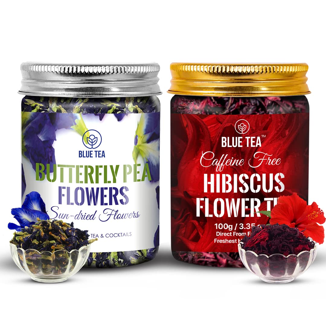 BLUE TEA - Combo Pack- Butterfly Pea Flower Tea (1.76oz) & Hibiscus Flower Tea (3.5oz) | DETOX TEA | Natural Ingredients - Flower Based - Herbal Tea - Vegan - Caffeine Free | Pet Jar Packaging