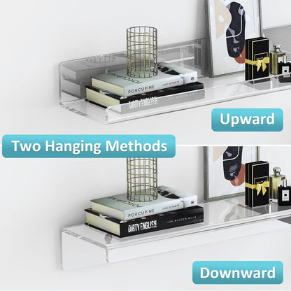 Albumgit 4-Pack Acrylic Wall Shelves - Self-Adhesive 15" Clear Floating Shelf for Organizing Decor