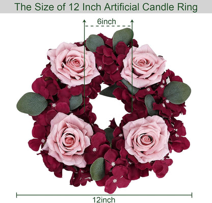 Skiennix Artificial Flower Candle Rings - 6-Inch Rose Floral Wreaths with Butterflies | Burgundy & Dusty Pink
