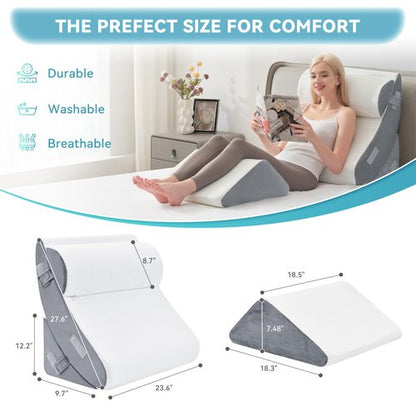 Kingfun 4PCS Orthopedic Bed Wedge Pillow Set for Sleeping, Post Surgery Memory Foam Support Pillows for Back, Neck and Leg Pain Relief, Adjustable Triangle Pillow - Acid Reflux, Anti Snoring & GERD