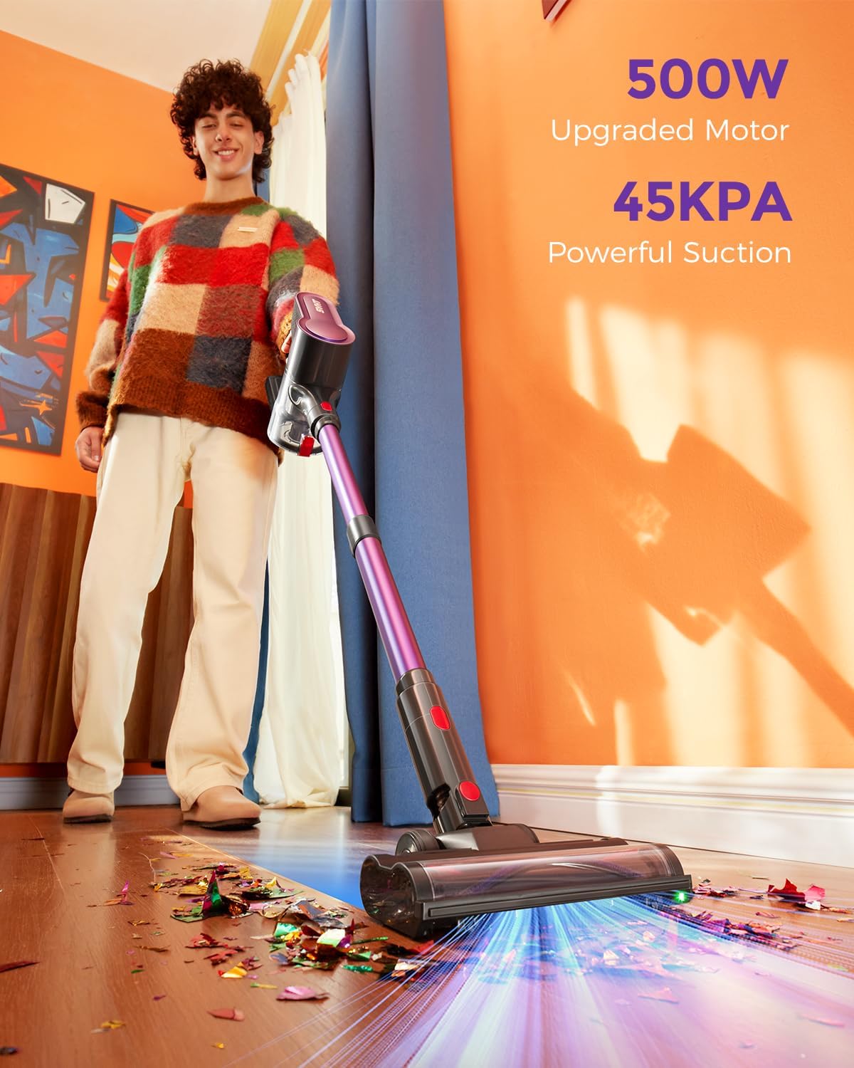 Skiennix Cordless Vacuum Cleaner - 500W, 45KPA Suction, 50Mins Runtime, LED Light, Lightweight for Pet Hair & Hard Floors
