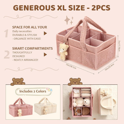 Shinylin Diaper Caddy Organizer - 2 Pack Nursery Storage Bins with Handle | Powder Pink & Ivory