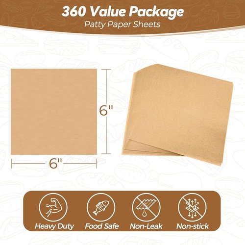 Heavy Duty Patty Paper Sheets - 360 Count Unbleached Parchment Squares for No-Stick Burger Separation | 6"x 6"