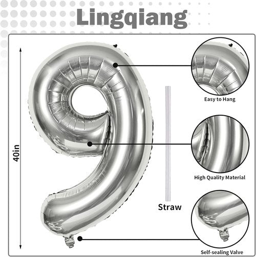 40'' Silver Number 9 Balloon - Giant Self-Inflating Foil Balloon for 9th Birthday & Anniversary Celebrations