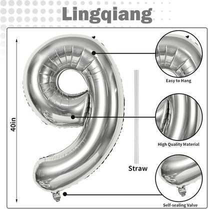40'' Silver Number 9 Balloon - Giant Self-Inflating Foil Balloon for 9th Birthday & Anniversary Celebrations