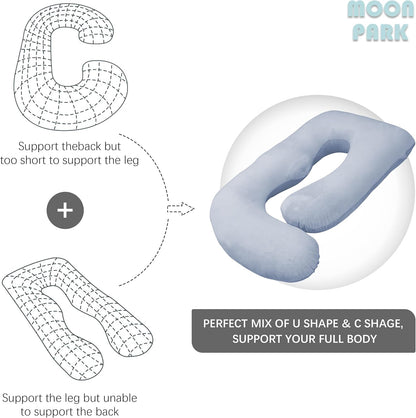 MOON PARK Pregnancy Pillow - 57-Inch U-Shaped Full Body Maternity Support - Removable Cover, Grey
