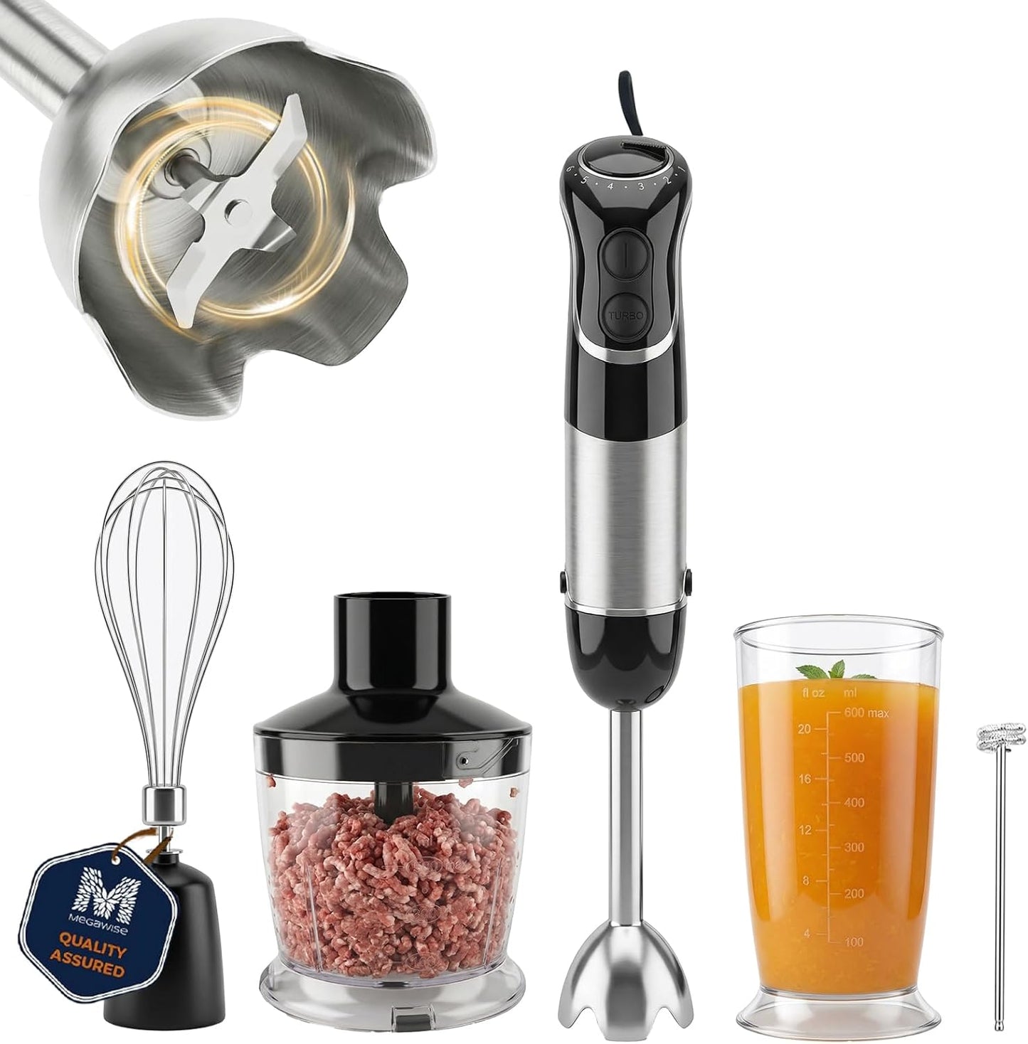 Megawise HB-2035 Immersion Hand Blender - 1000W Ultra-Powerful 5-in-1 with Variable Speed & Accessories