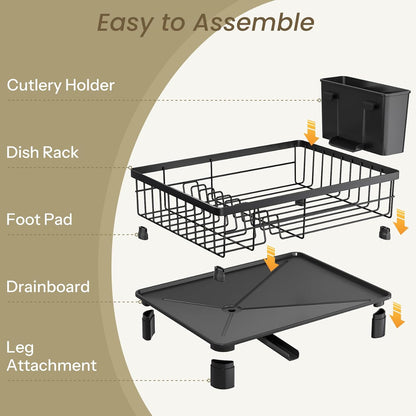 SNTD Dish Drying Rack - Stainless Steel Space-Saving Kitchen Rack with Utensil Holder | 11" W x 15" L (Black)