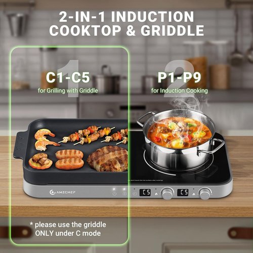 AMZCHEF Double Induction Cooktop - 1800W Portable Stove with Removable Griddle Pan | Iron Grey, 9 Power Levels