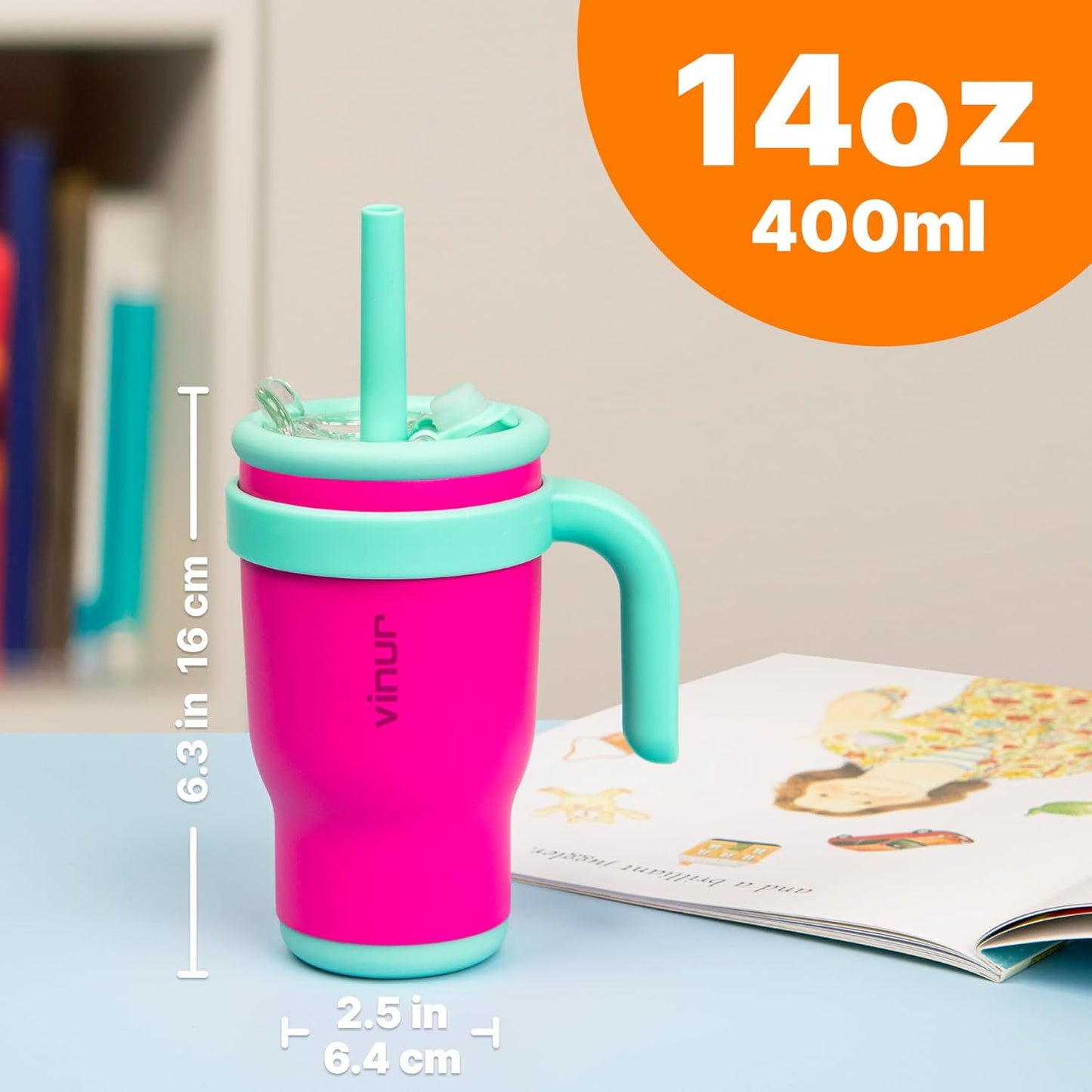 VINUR Kids Tumbler - 14 oz Stainless Steel Double Wall Vacuum Cup with Handle & Straw | Leak-Proof Rose Pink