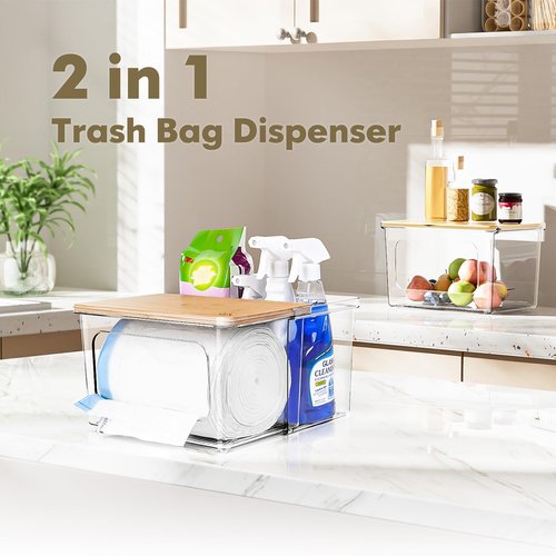 iCASA Trash Bag Dispenser Under Sink Organizer, 2-in-1 Acrylic Trash Bags Holder with Bamboo Lid, Holds Large Rolls up to 100 Count, Garbage Bag Storage Container for Kitchen, Pantry, Laundry Room