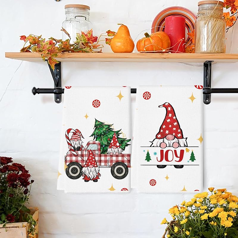 Christmas Kitchen Towels Gnomes Truck and Tree - 18x26 In - Red, 2 Pack Variation