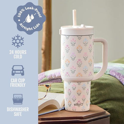 Ello Oasis 40oz Stainless Steel Water Bottle - Stylish Flower Quilt Design