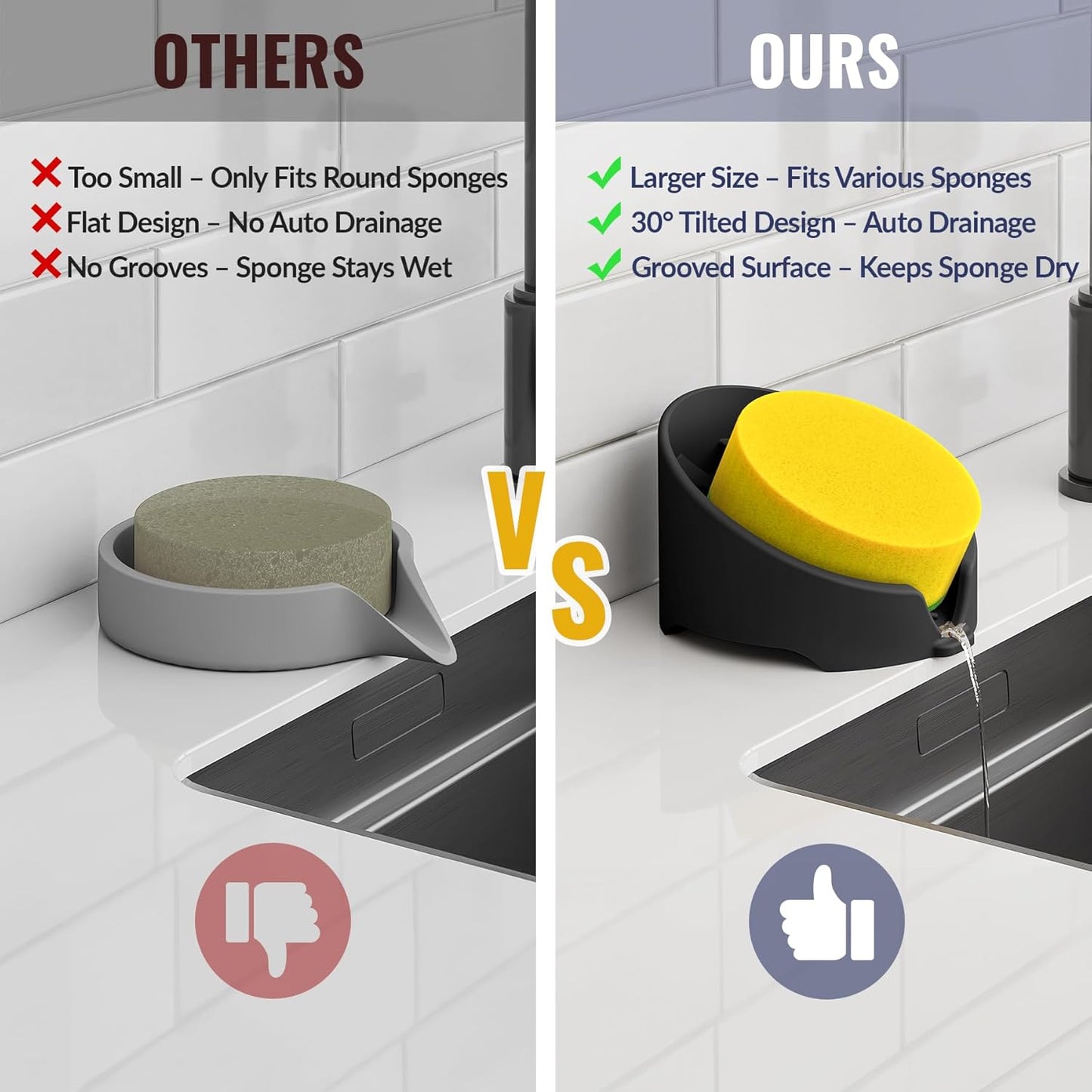 NiHome Silicone Sponge Holder - Auto Draining Organizer for Scrub Daddy & Cleaning Tools | Food-Grade, Dishwasher Safe (Black)