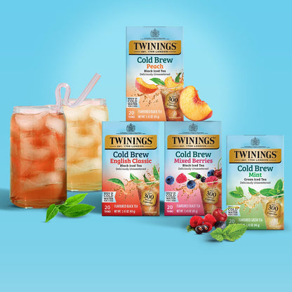 Twinings Peach Cold Brew Iced Tea Bags - Unsweetened Flavored Black Tea, Caffeinated | 20 Count (Pack of 6)