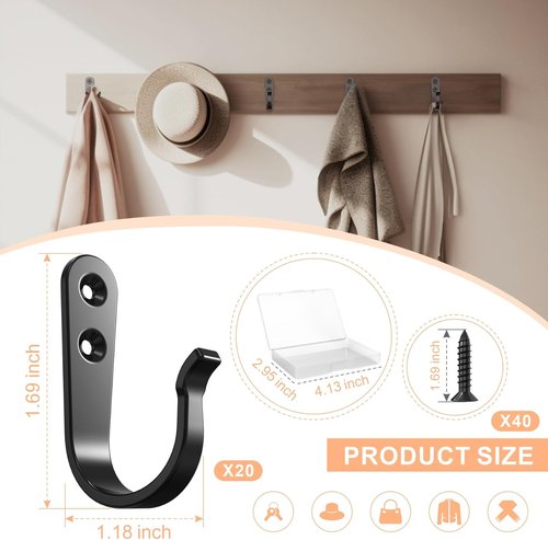 BREYDROK Heavy Duty Metal Coat Hooks - 20PCS Single Prong Wall Hooks with 40 Screws for Towel, Backpack & Hat Storage