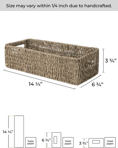 StorageWorks Seagrass Baskets - Stylish Bathroom Decor Box with Handles | 14.25"L x 6.5"W x 3.75"H