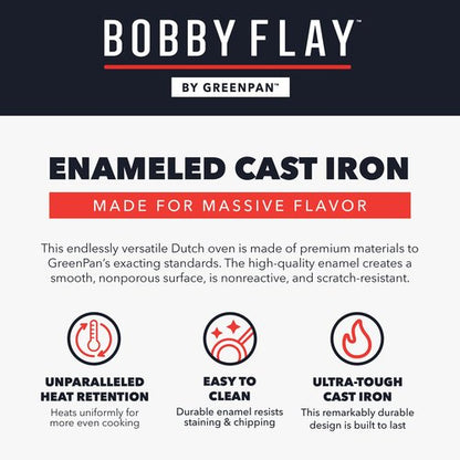 GreenPan x Bobby Flay 5.5QT Enameled Cast Iron Round Dutch Oven with Lid, Dual Handles, Oven Safe to 500F & Induction Suitable, Self Basting Lid, Ultra-Durable, Sear, Braising, Bread, Stews, Ivory