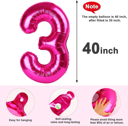 Numbers Balloon - 40 Inch Hot Pink 3 Balloon for Birthday Decor | Perfect for Three-Year-Old Celebrations