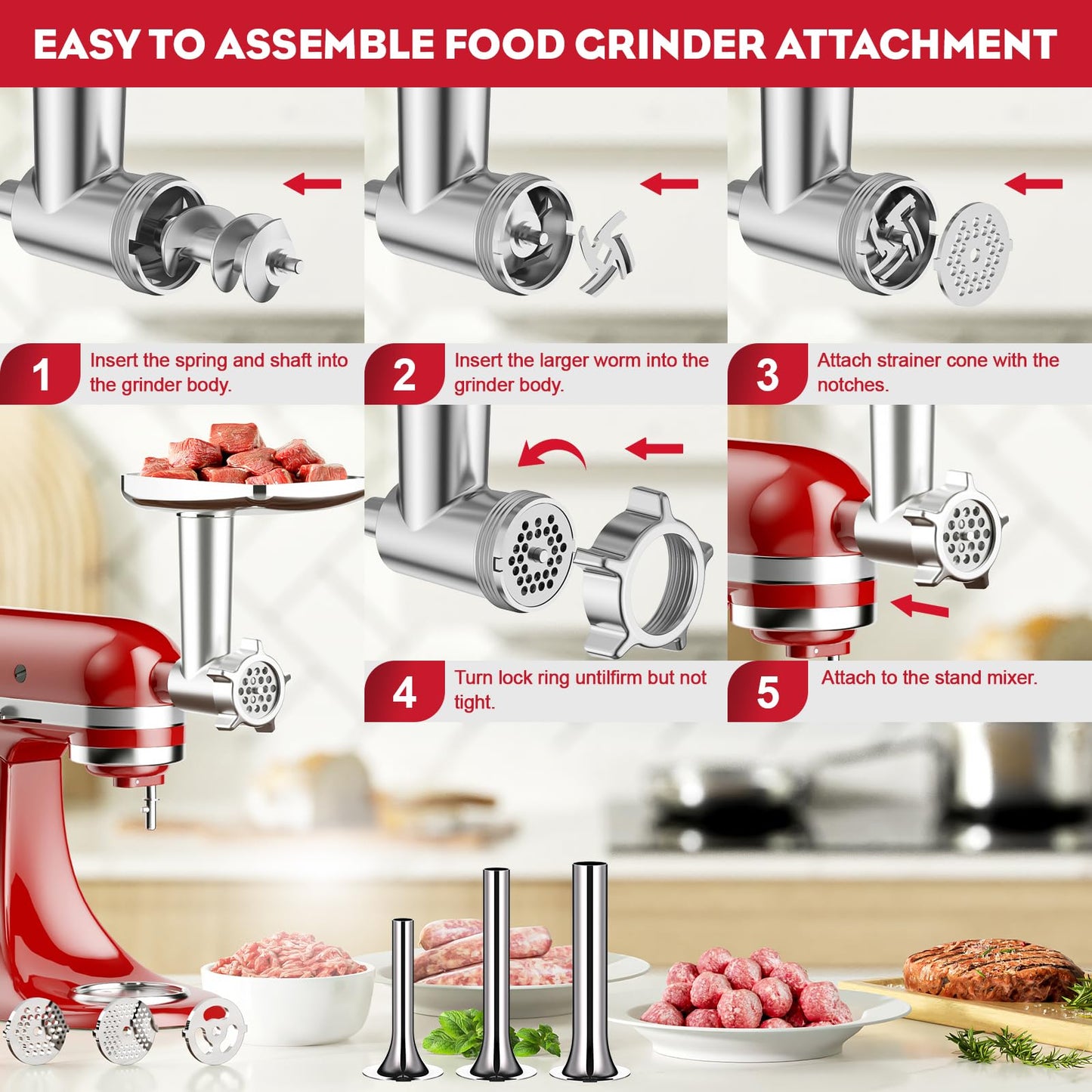 Meat Grinder Attachment for Kitchenaid Stand Mixer, Meat Grinder for KitchenAid, including 3 Sausage Stuffer Accessory, for Kitchen Aid Stand Mixer Easy to Use and Clean