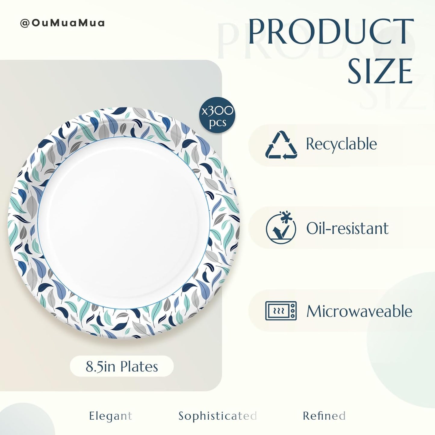 OuMuaMua 8.5 Inch Disposable Paper Plates - 300 Count, Soak Proof & Microwave Safe for Everyday Meals