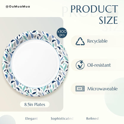 OuMuaMua 8.5 Inch Disposable Paper Plates - 300 Count, Soak Proof & Microwave Safe for Everyday Meals