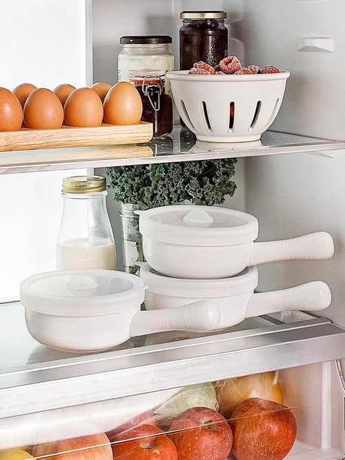 LE TAUCI Soup Bowls - 15 Oz Non-Toxic Ceramic Crocks with Handles & Silicone Lids | Set of 2, White