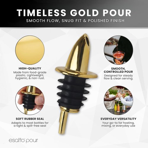 ESATTO 12 Pack Classic Bottle Pourers, Liquor Pourers for Alcohol, Olive Oil, Bartender Accessories Includes 4 Liquor Pourer Adapters for Large Neck Bottles such as Patron Don Julio Tequila (Gold)