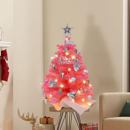Juegoal 24-Inch Pink Mini Christmas Tree - Lighted Tabletop Artificial Pine with 50 LED Lights | Battery Operated & Timer for Holiday Decor
