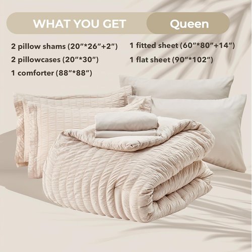 HYMOKEGE Queen Comforter Set - 7-Piece Seersucker Luxury Bedding Set in Beige for All Seasons