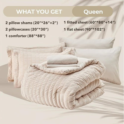 HYMOKEGE Queen Comforter Set - 7-Piece Seersucker Luxury Bedding Set in Beige for All Seasons