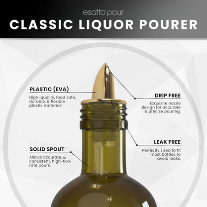 ESATTO 12 Pack Classic Bottle Pourers, Liquor Pourers for Alcohol, Olive Oil, Bartender Accessories Includes 4 Liquor Pourer Adapters for Large Neck Bottles such as Patron Don Julio Tequila (Gold)