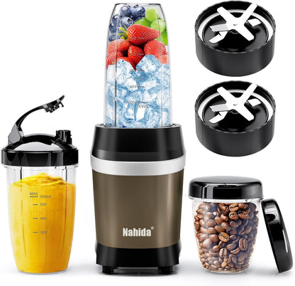 Nahida Blender - 1200W Smoothie Maker with 2 Six-Fin Blades & Easy Go Cups | Brown, 23oz, 32oz, 37oz