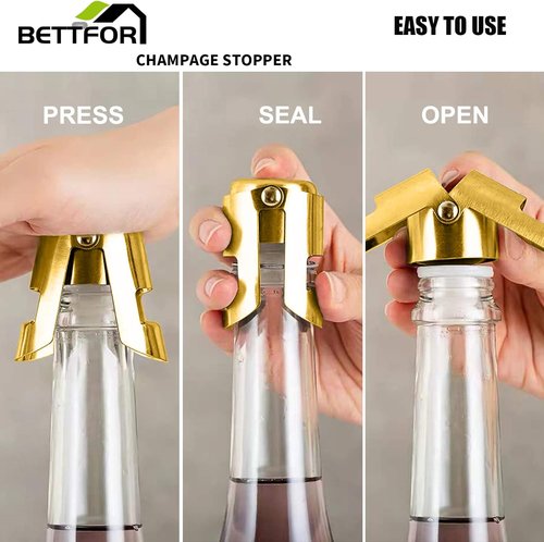 Champagne Stoppers with Stainless Steel Champagne Saver with Food Grade Silicone Leak proof Keep Fresh Suitable for Champagne, Cava, Prosecco and Sparkling(Gold, 2 Pack)