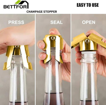 Champagne Stoppers with Stainless Steel Champagne Saver with Food Grade Silicone Leak proof Keep Fresh Suitable for Champagne, Cava, Prosecco and Sparkling(Gold, 2 Pack)