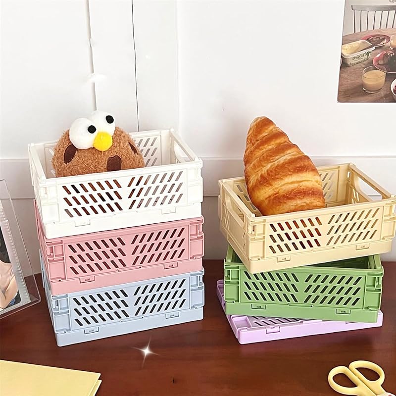 Blue Small Folding Storage Basket - Collapsible Desktop Organizer for Home Office, Makeup & Toiletries