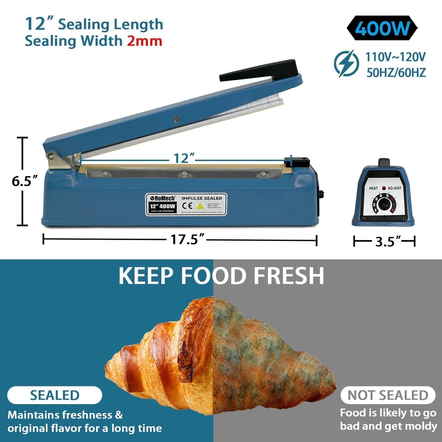 ROMECH 12 Inch Impulse Bag Sealer, Solid Metal Housing Heavy Duty Manual Heat Sealer Machine with Spare Parts for Sealing Plastic Bags & Shrink Wrap Bags (400W)