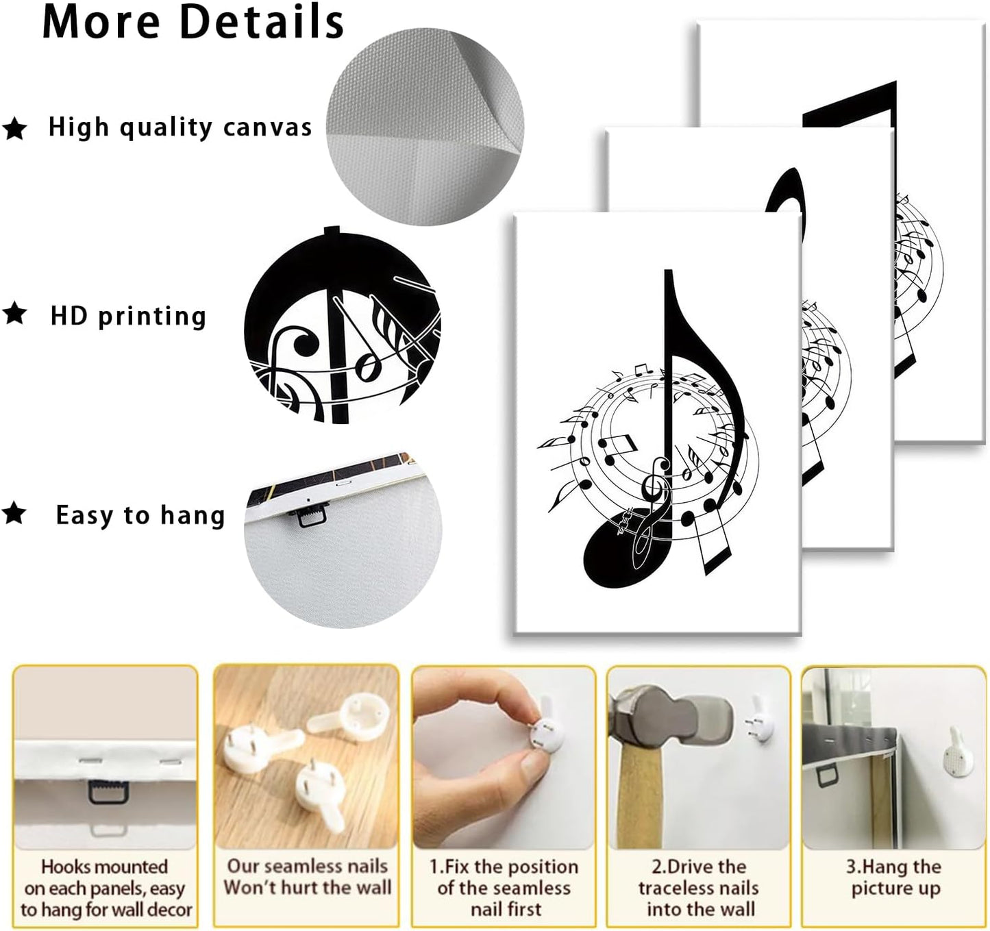 Skiennix Framed Music Notes Wall Art - Stylish Black & White Canvas Prints for Music Rooms | 12x16 in (Set of 3)
