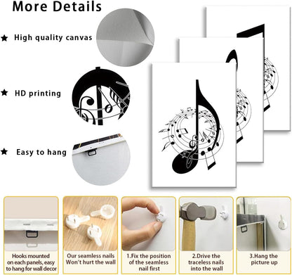 Skiennix Framed Music Notes Wall Art - Stylish Black & White Canvas Prints for Music Rooms | 12x16 in (Set of 3)