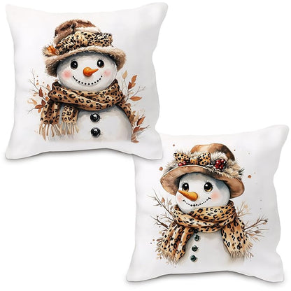 Leopard Snowman Pillow Covers 18x18 (Set of 2) - Xmas Rustic Decor, Flannel