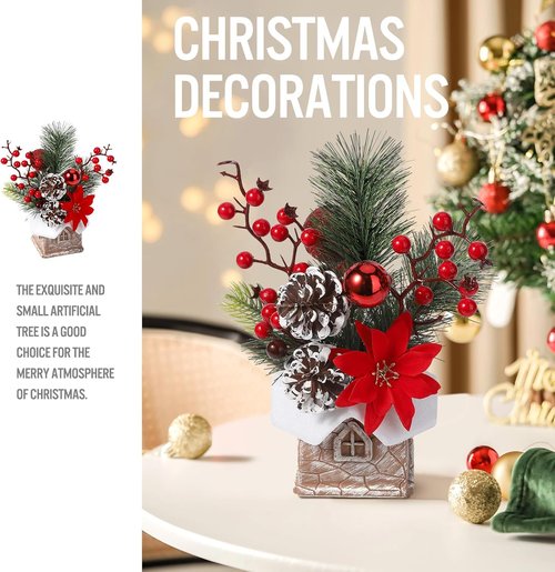 Hatisan Artificial Christmas Tree - Small Tabletop Design with Ornaments & Pine Cones | Red for Holiday Decor