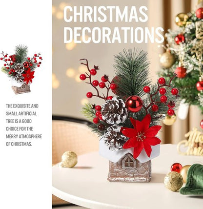 Hatisan Artificial Christmas Tree - Small Tabletop Design with Ornaments & Pine Cones | Red for Holiday Decor